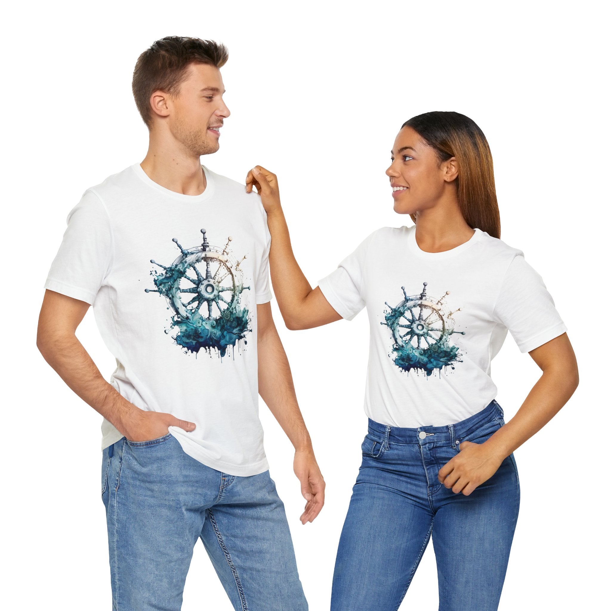 Dynamic Nautical T-Shirt - Ship Wheel & Ocean Waves Design Unisex