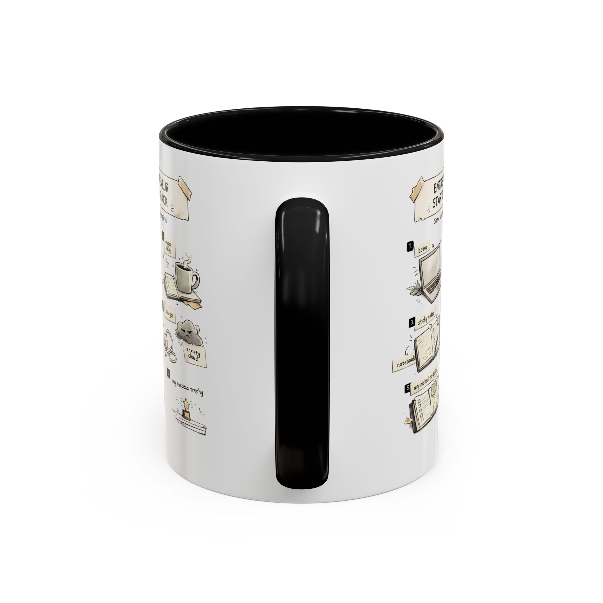 A white ceramic mug with a black interior and a black handle, featuring printed coffee-themed illustrations on the side.