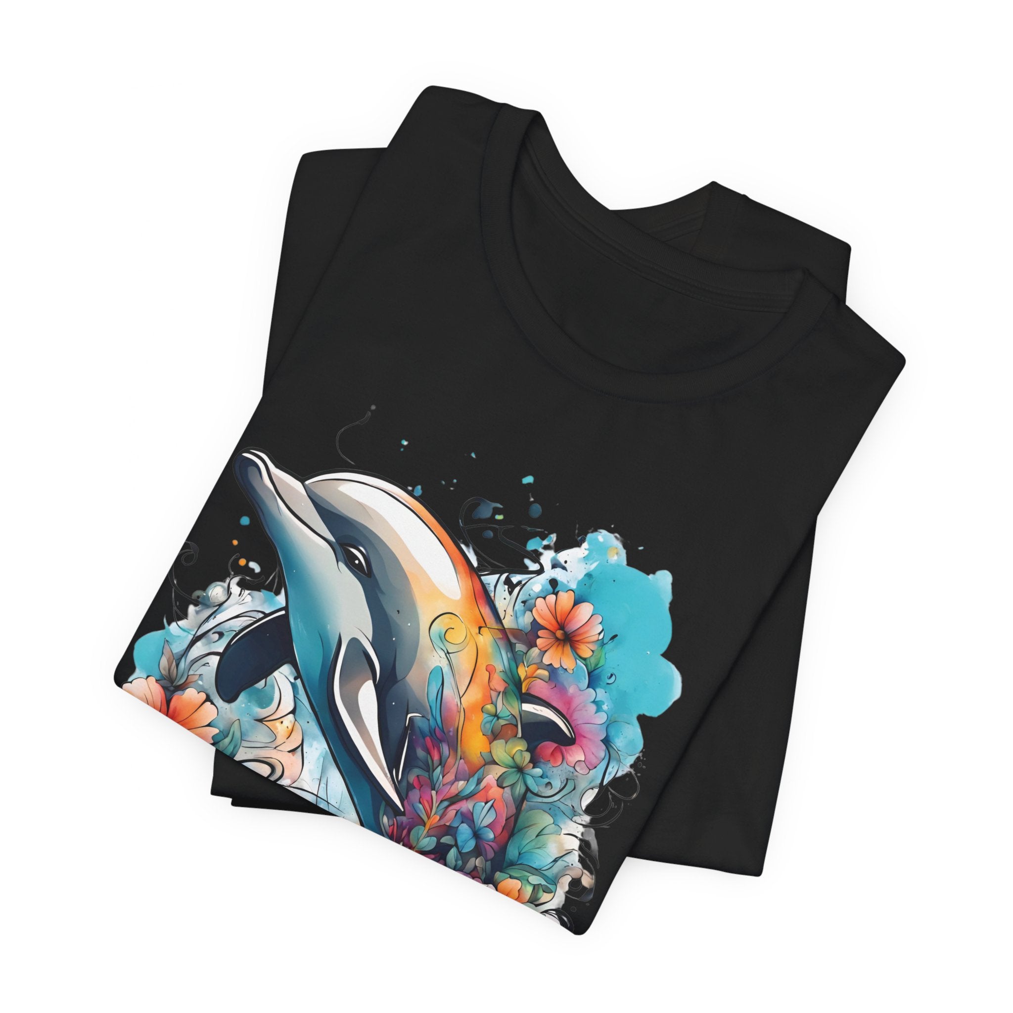 Colorful Dolphin T-Shirt - Vibrant Floral and Ocean Design