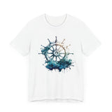 Dynamic Nautical T-Shirt - Ship Wheel & Ocean Waves Design Unisex