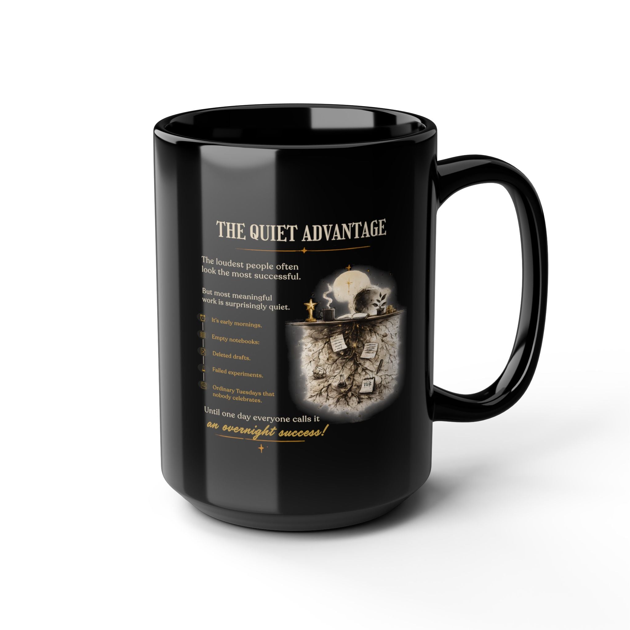 Motivational 'The Quiet Advantage' Black Coffee Mug — Inspirational Skull Design (11oz/15oz)