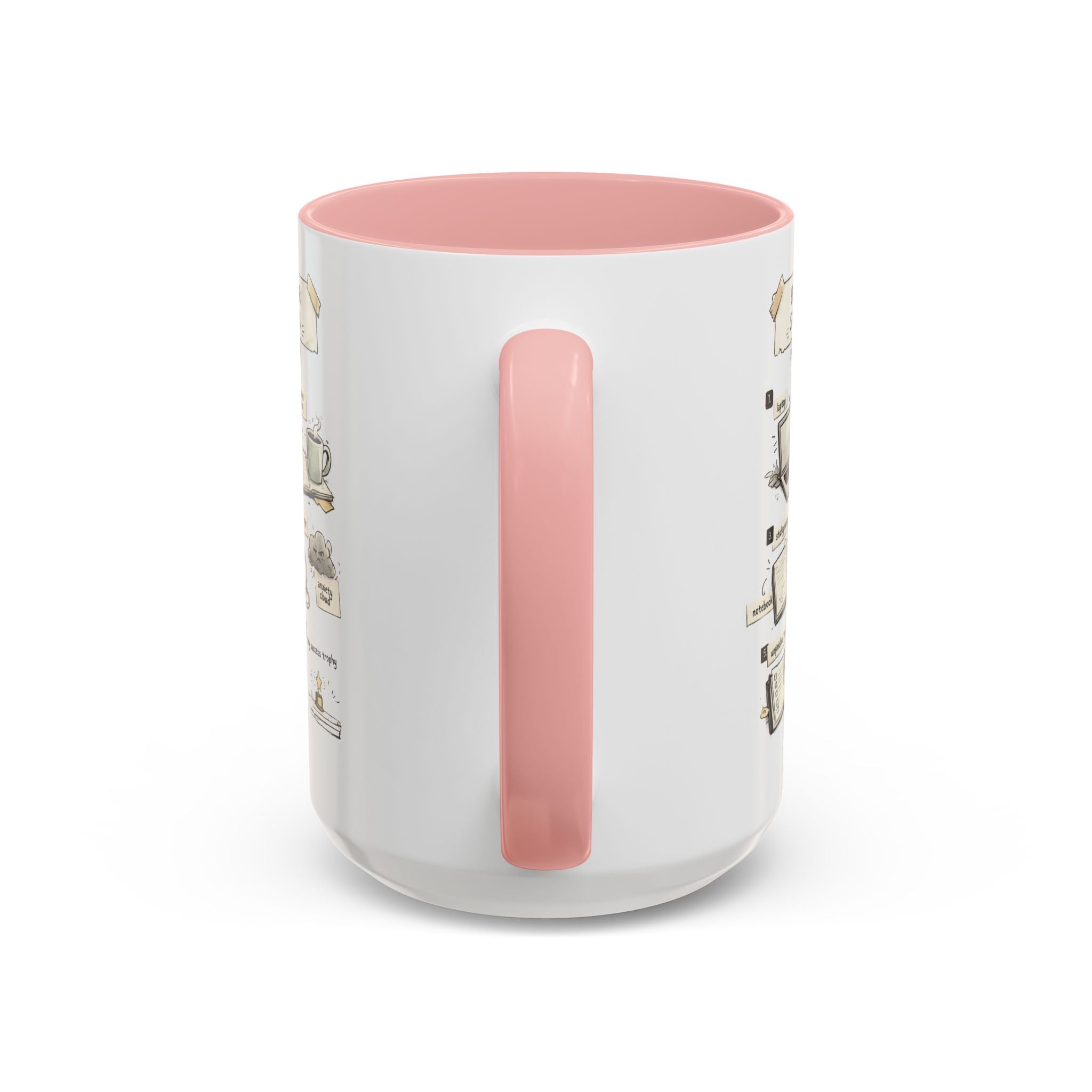 A white ceramic mug with a pastel pink handle and interior, featuring a vertical line-art illustration of a coffee cup and text on the side, shown on a clean white background.
