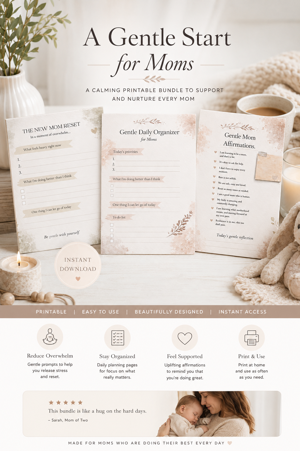 New Mom Reset Bundle | Free Printable Self-Care & Reflection Pages for New Moms