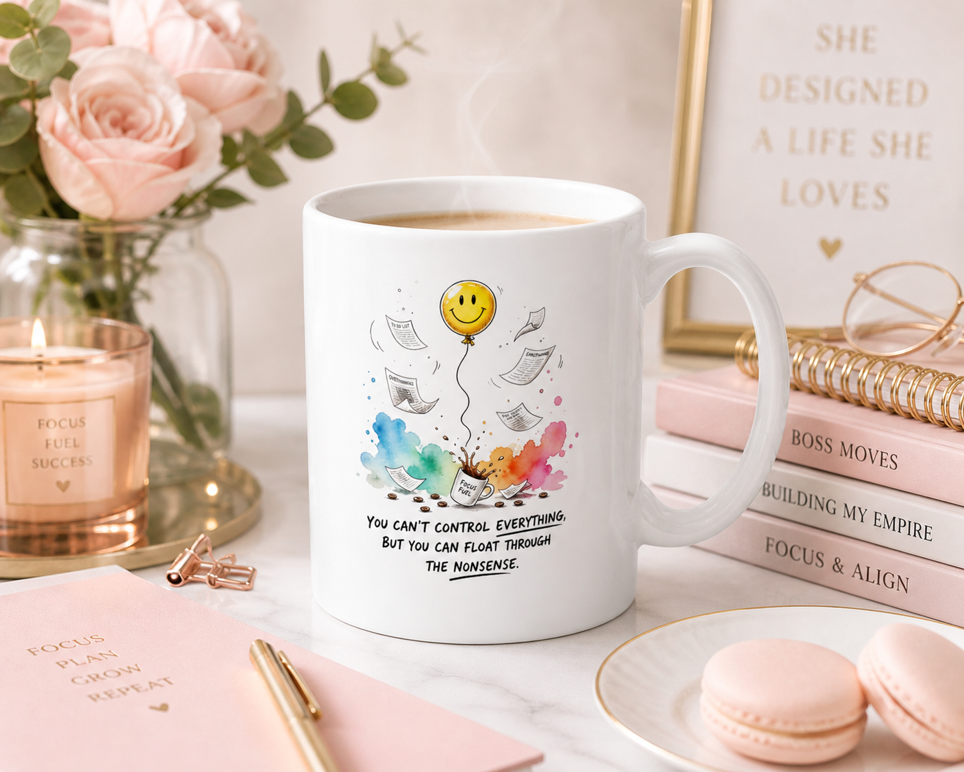 Float Through the Chaos Mug – Artistic & Relatable Coffee Cup