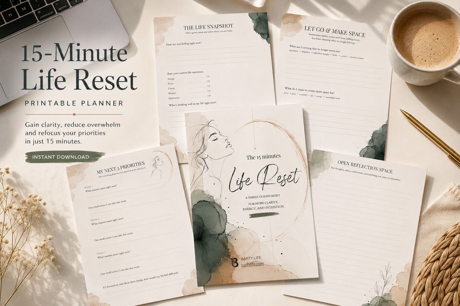 15-Minute Life Reset printable planner mockup featuring printable PDF pages for self-reflection, goal setting, life organization and personal growth.