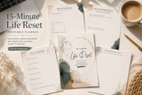 15-Minute Life Reset printable planner mockup featuring printable PDF pages for self-reflection, goal setting, life organization and personal growth.