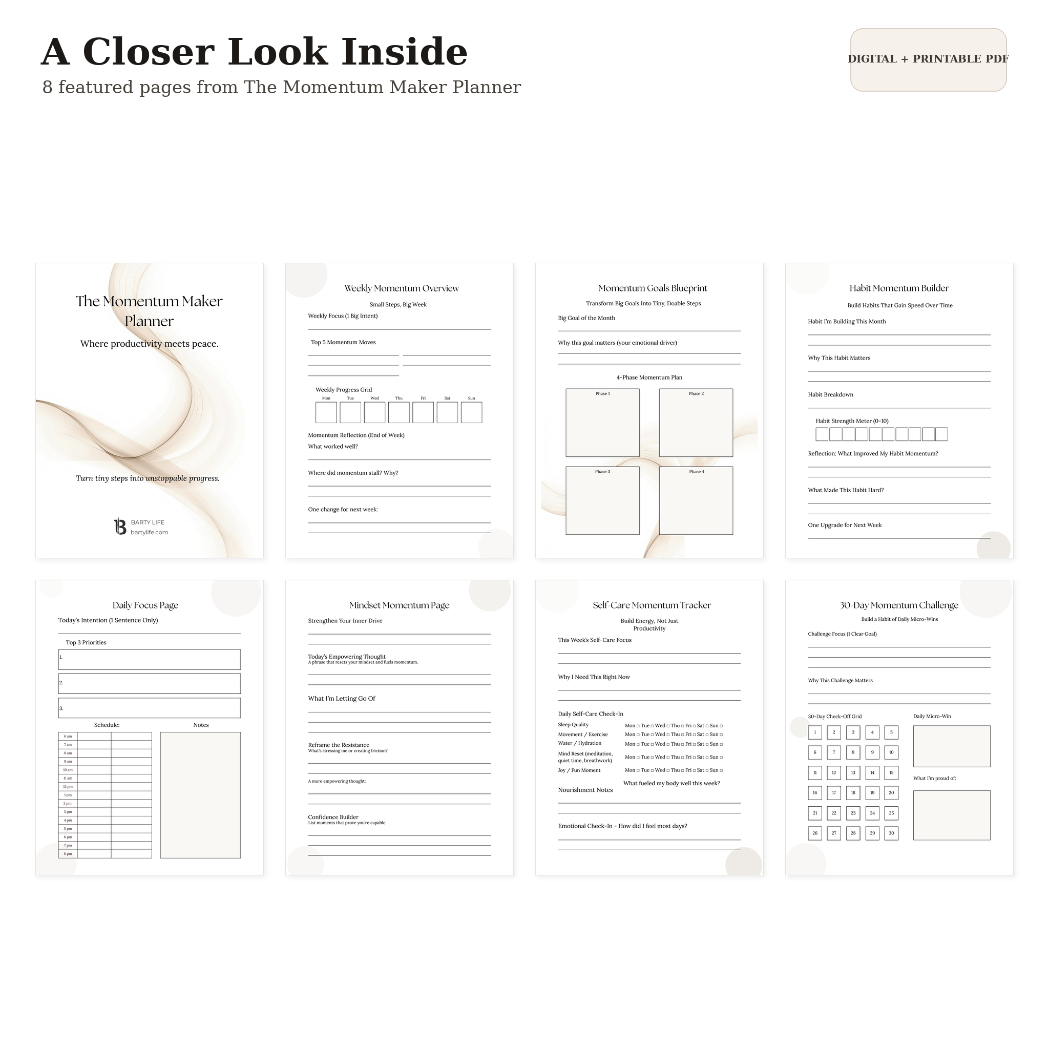 A digital preview sheet showing multiple interior pages from a planner titled "A Closer Look Inside" from The Momentum Maker Planner. The layout includes a cover page and eight printable worksheet or activity pages arranged in a grid on a white background, with text noting "8 featured pages" and "Original + Printable PDF.