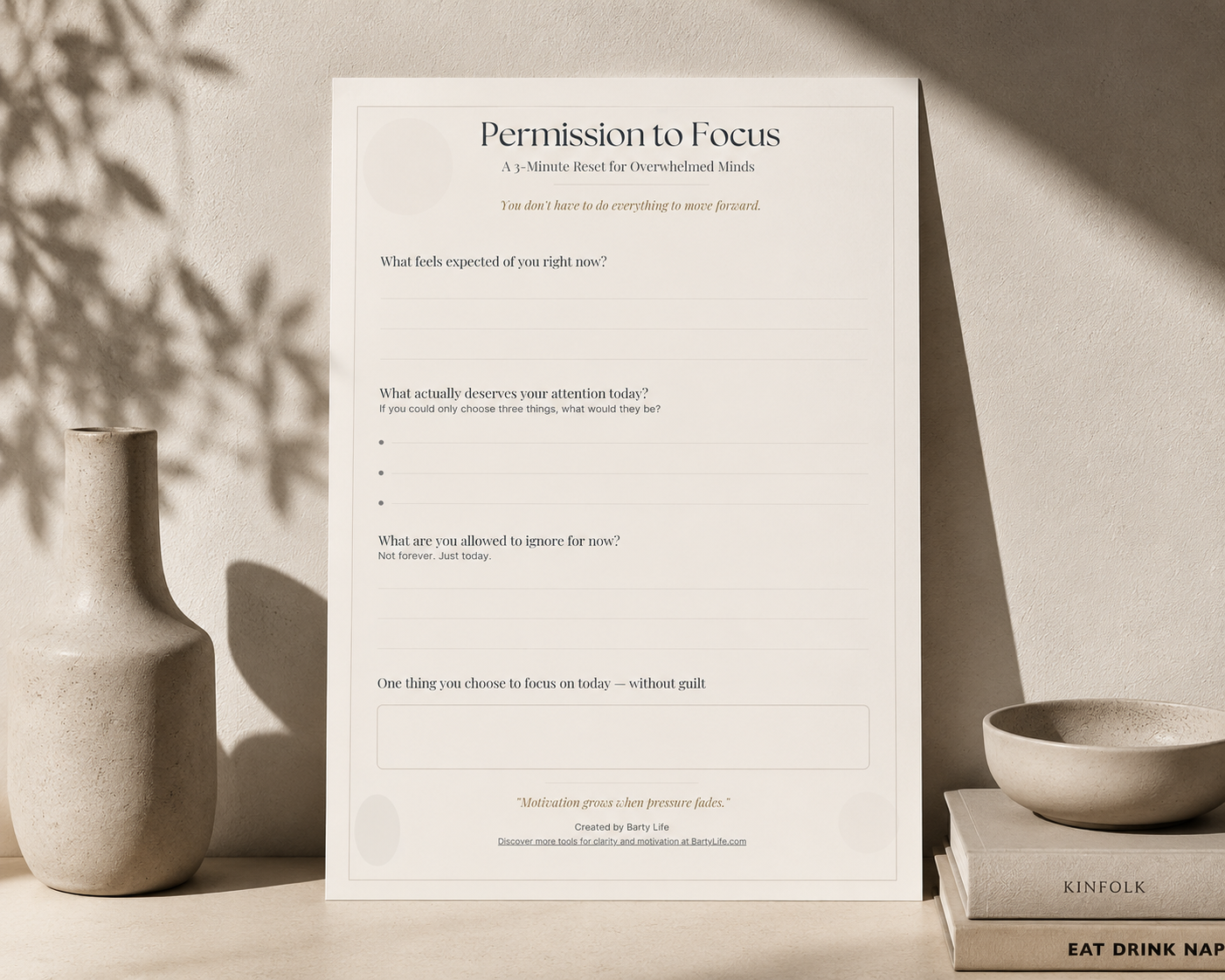 Permission to Focus free printable clarity worksheet preview – digital download by Barty Life
