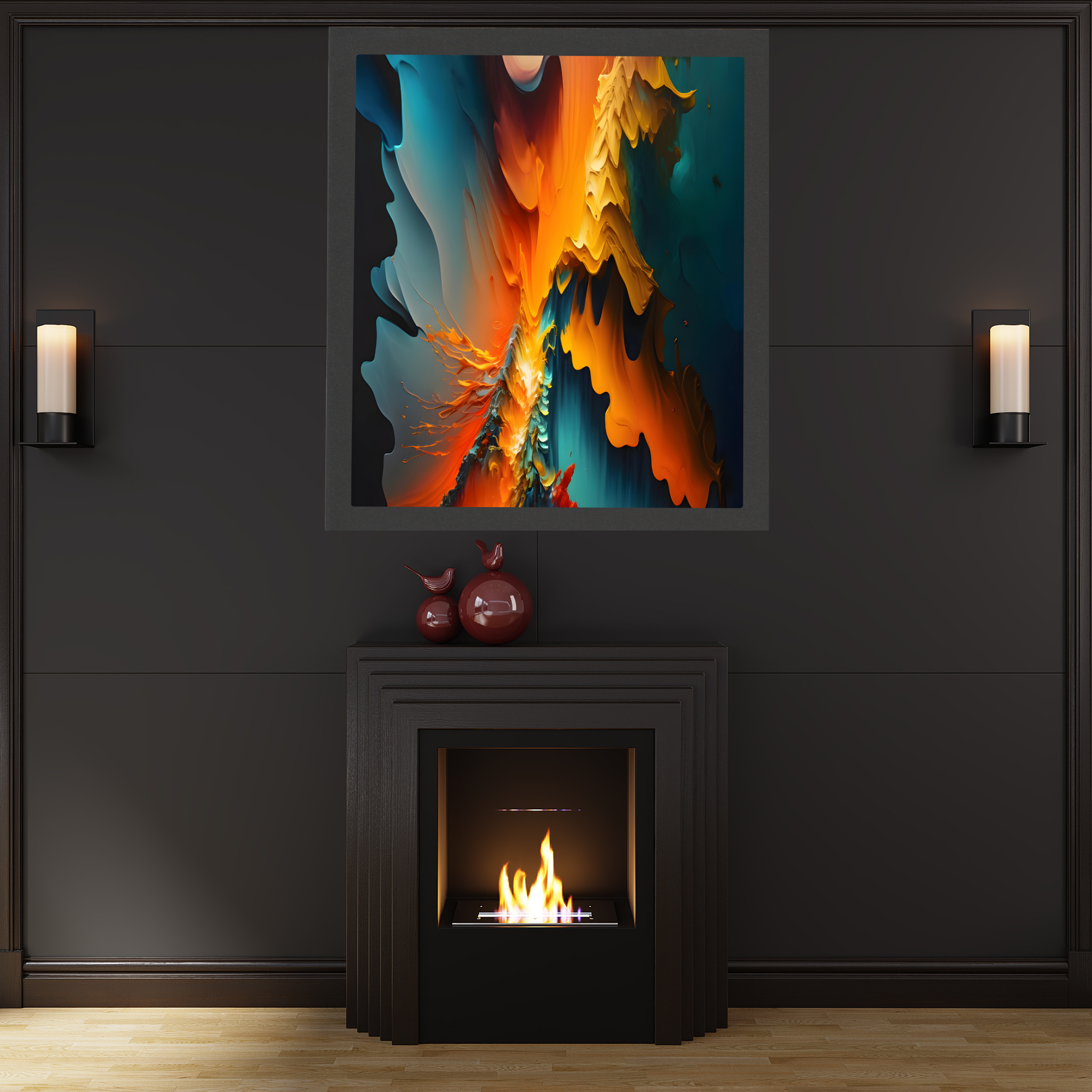 Dynamic orange and blue abstract fluid art print framed on a contemporary wall.