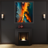 Dynamic orange and blue abstract fluid art print framed on a contemporary wall.