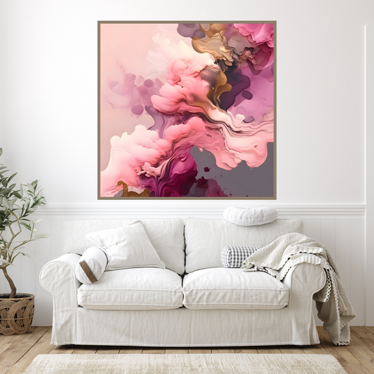 Close-up of a vibrant pink and gold abstract painting with liquid effects, showcasing layers of color and texture, ideal for bold wall decor.