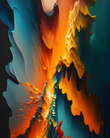 Dynamic orange and blue abstract fluid art print framed on a contemporary wall.