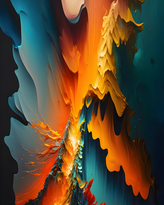 Dynamic orange and blue abstract fluid art print framed on a contemporary wall.