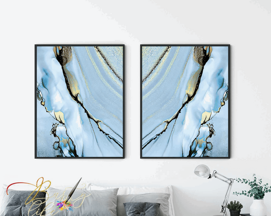 Blue abstract art duo featuring tranquFluid blue watercolor abstraction capturing elegance and movement, printable wall art, modern home decore, living room