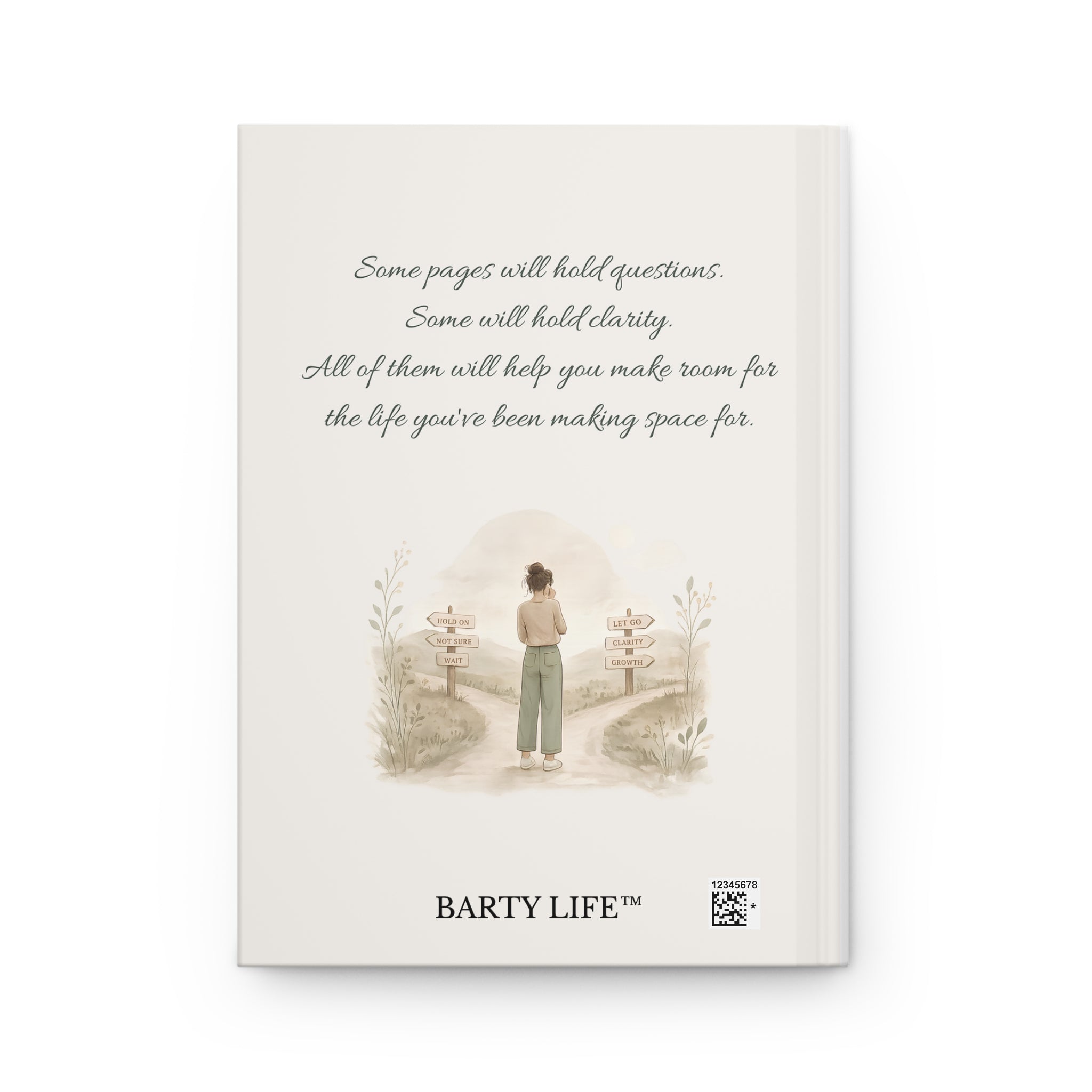 Back cover of The Emotional Clutter Journal featuring inspirational quote and Barty Life branding