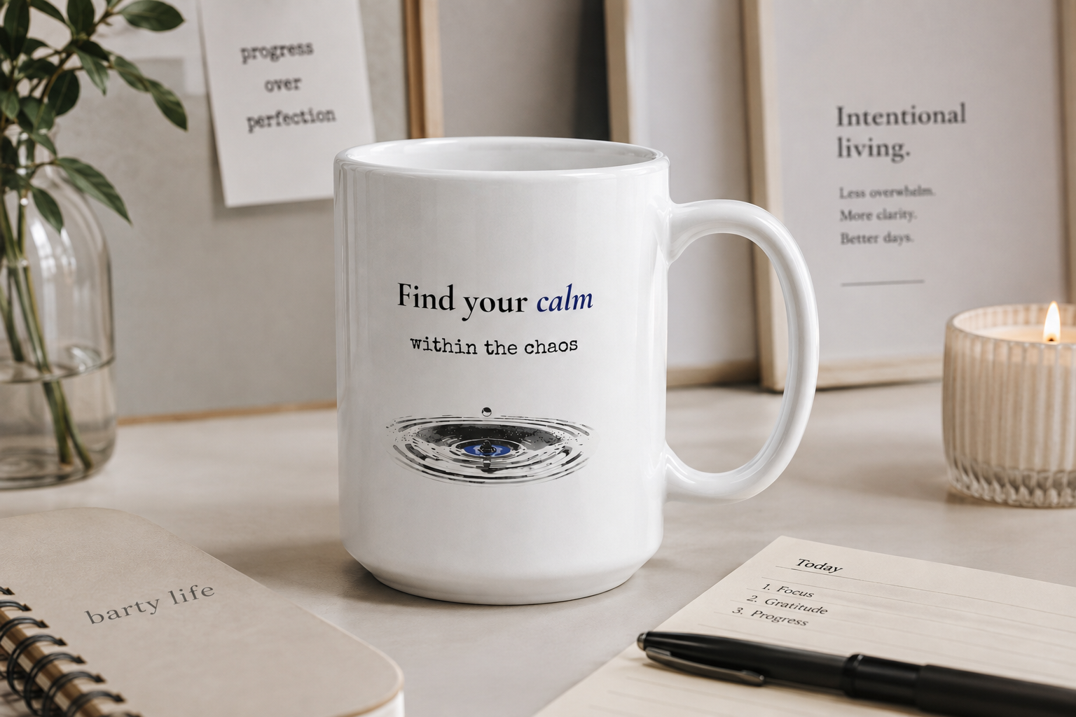 Find Your Calm Within the Chaos ceramic mug with Barty Life planner on an intentional living desk
