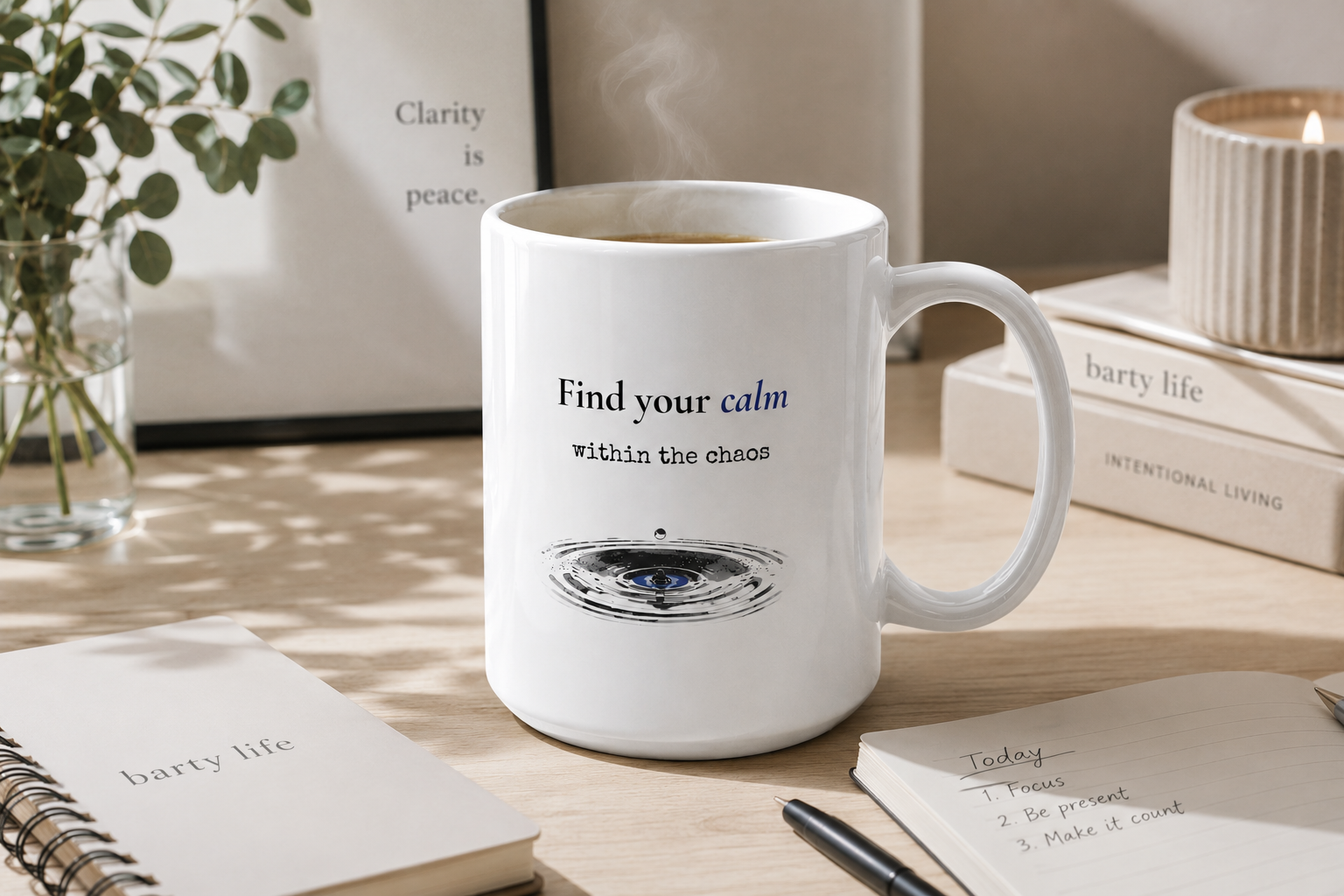 Find Your Calm Within the Chaos ceramic mug in a mindful workspace with Barty Life notebook