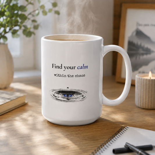 Find Your Calm Within the Chaos inspirational mug with steaming coffee on a calm morning desk