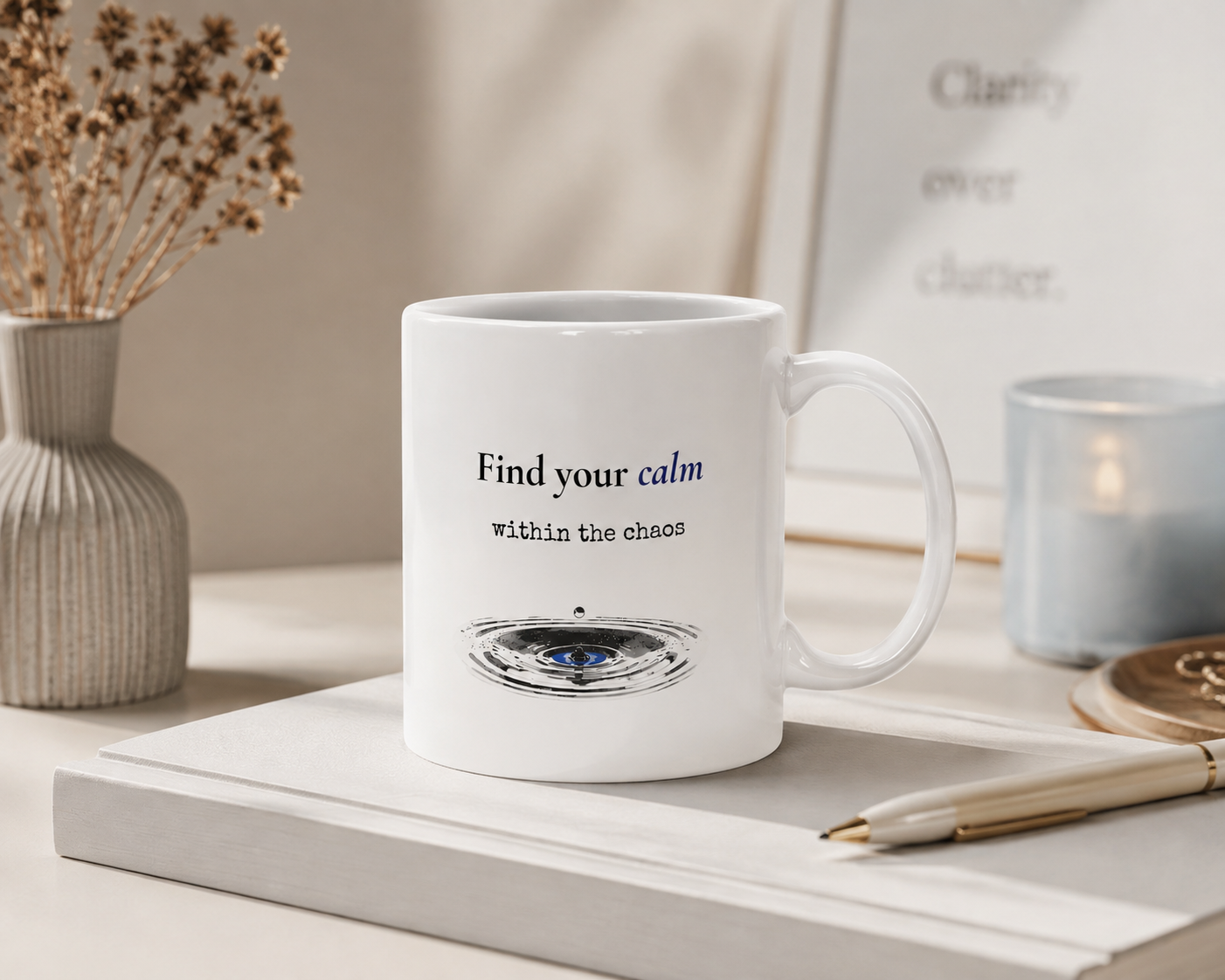 Find Your Calm Within the Chaos inspirational ceramic mug styled on a neutral desk with notebook and pen