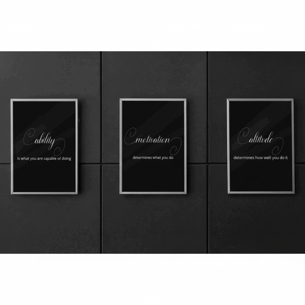 Ability Motivation Altitude black background wall art set, full three-poster mockup