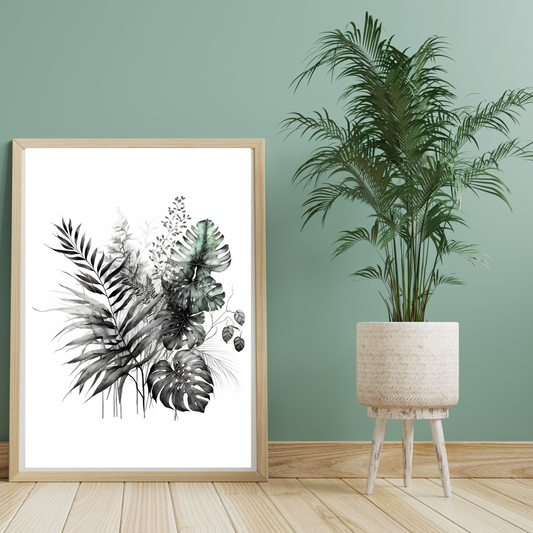 Detailed grayscale botanical leaves print featuring Monstera, fern, and palm illustrations with a subtle green accent, ideal for modern, minimalist, and black and white interiors.