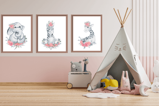 Elephant, Zebra, Giraffe Nursery Wall Art Set Barty life