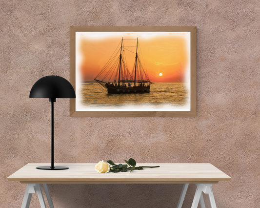 Sailing boat, sunset  oil paint Barty life