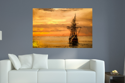 Sunset, Ship And Ocean Watercolor Art Barty life